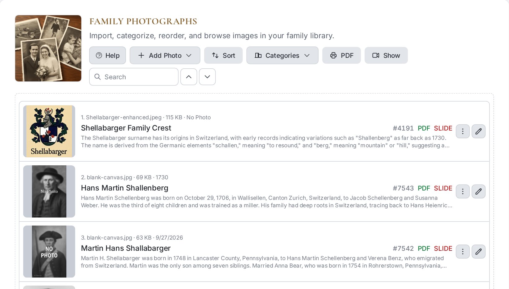 The Famalot.AI family photograph library, showing captioned family portraits